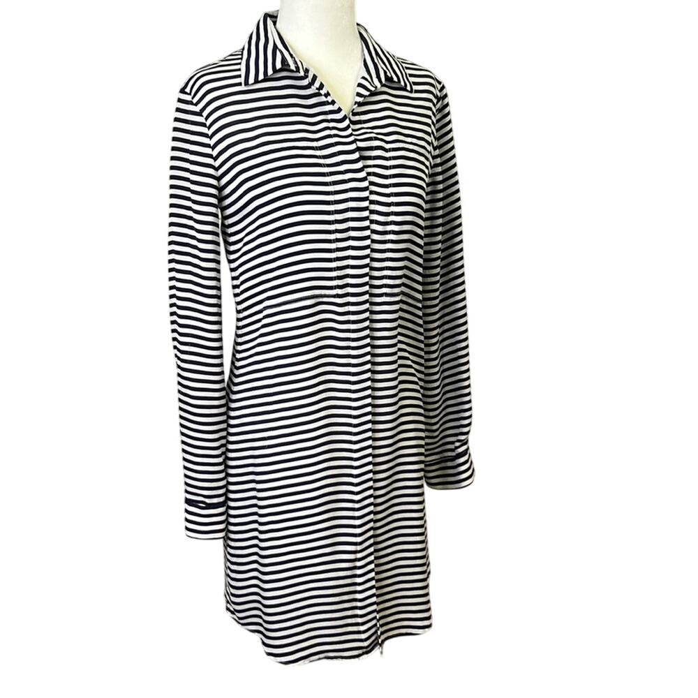 Theory silk shirt dress navy white striped long sleeve size 2